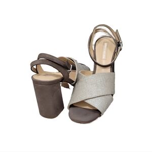 ANTONIO MELANI "Inessa"  Leather & Fabric Open Toe Chunky Heel with Ankle Strap